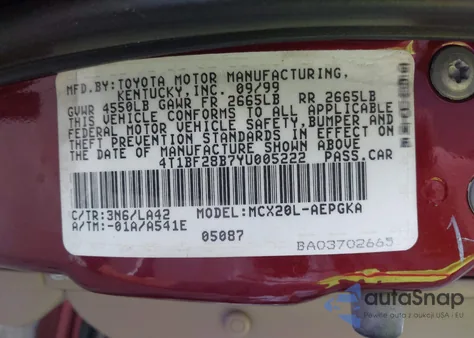 2000 Toyota Avalon Xls из США, поврежденный, VIN 4T1BF28B7YU005222